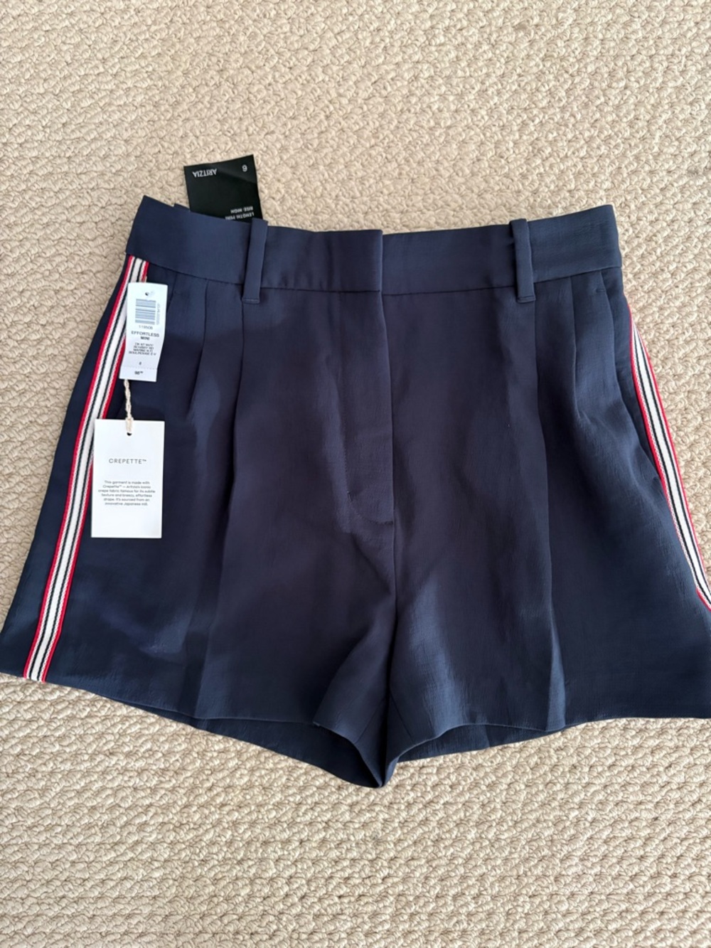 Aritzia Navy Tailored Shorts with Red and White Side Stripes